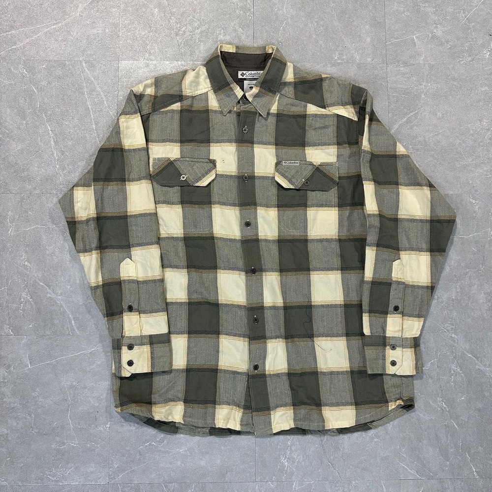 Columbia Sportswear Mens Large Plaid Flannel Button Down Shirt Green Cream 4758
